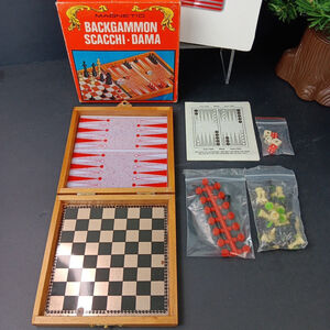 Vtg Magnetic Backgammon Chess Checkers Set Boxed Complete Travel Camping Game
